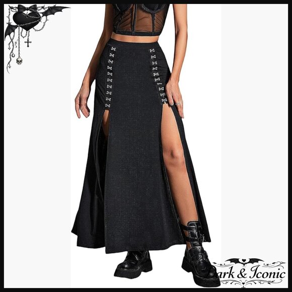Dresses & Skirts - Stretchy High Waist Maxi Skirt with Double Slits Punk Gothic Style